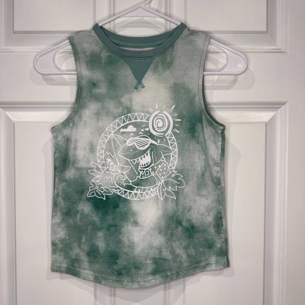 Cat & Jack Boys Green Tie Dye Shark Graphic‎ Muscle Tank Top Size 6/7 Small